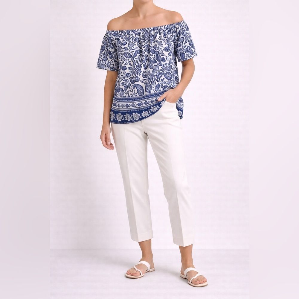 LOFT Top Women’s L Blue White Floral Peasant  Off Shoulder Boho Cottagecore